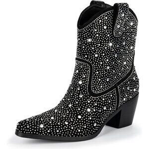Sparkly Rhinestone Boots for Women Black High Knee Diamond Chunky Heel Booties